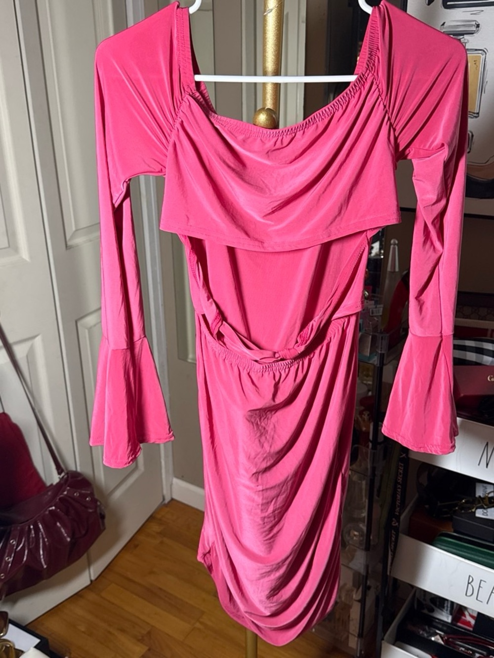 PrettyLittleThing Hot Pink Off-Shoulder Long Sleeve Dress